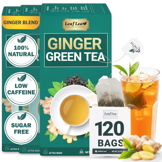 LeafLea Ginger Green Tea, 120 Tea Bags, Premium Green Tea Blend with Pure Ginger Root, Supports Digestive Wellness, Natural Flavor, Low Caffeine, Sugar-Free