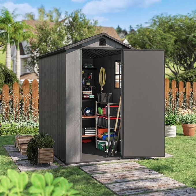 Patiowell 4 x 6 Resin Storage Shed with Floor, Outdoor Plastic Garden Shed with Lockable Door & Window, Easy Assembly Tool Shed for Backyard, Dark Gray