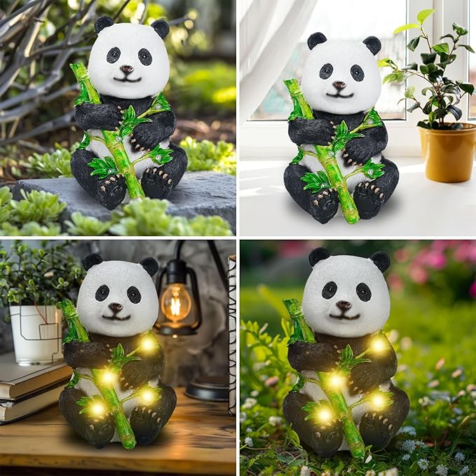 Garden Panda Solar Lights Bamboo Statues Cute Sculptures Waterproof Resin for Indoor Outdoor Porch Patio Lawn Yard Decorations (Sitting)