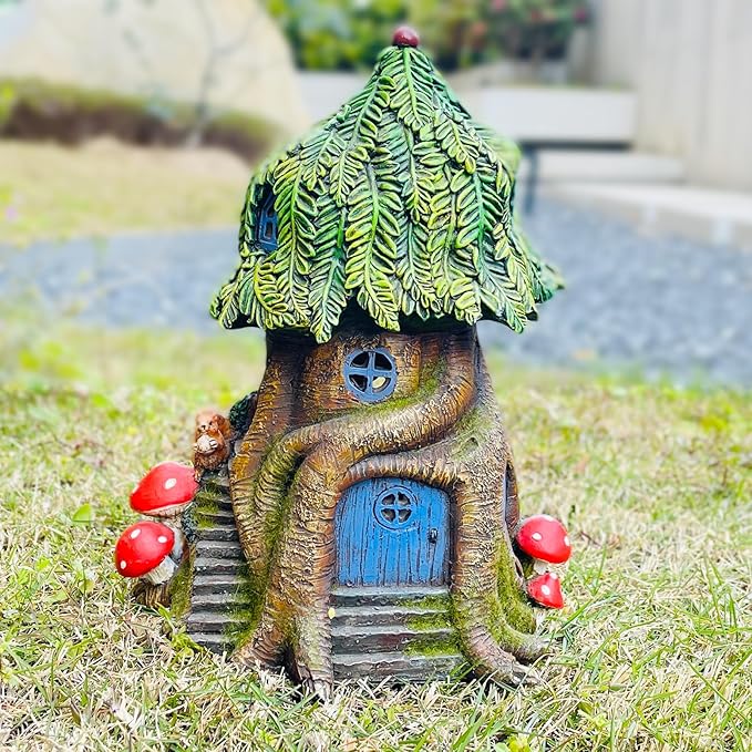 COWOS Solar Light Fairy Tree House, Fairy Garden House Statues,Tree House Figurines with Solar Light for Indoor Outdoor Art Decorations, Patio Yard Lawn Ornaments Gift