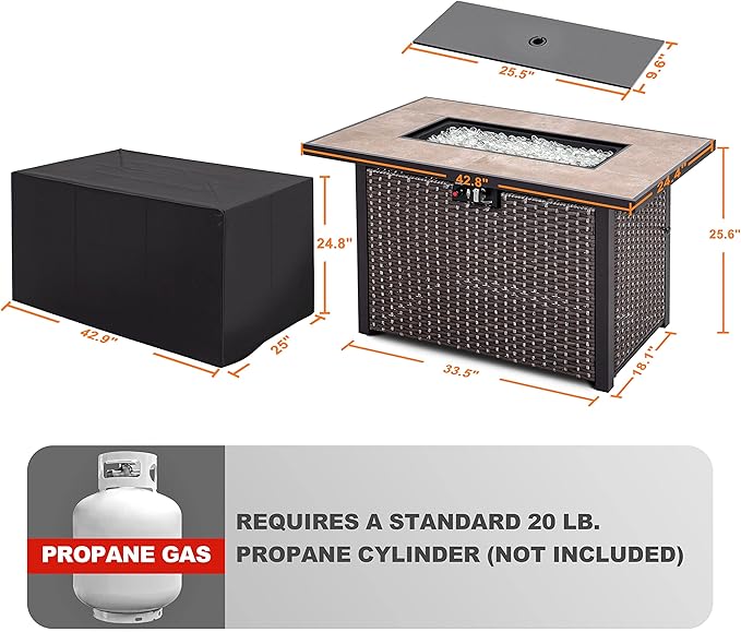 Nuu Garden Outdoor 43 Inch 50,000 BTU Propane Gas Fire Pit Table, Propnae Fire Pit with Ceramic Tabletop, Oxford Cover, Dark Brown and Coffee