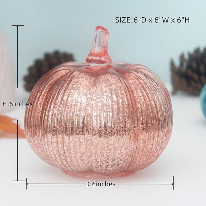Mercury Glass Pumpkin Lights with Timer, Battery Operated Led Pumpkin Lights for Halloween Fall,Thanksgiving Rustic Decor (Rosegold Fine-Striped, 6")