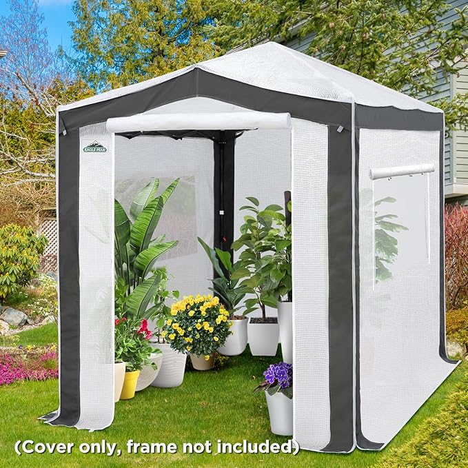 EAGLE PEAK Replacement Cover for 8x6 Pop up Greenhouse with Polyester Reinforced Corners, Front and Rear Roll-Up Zipper Entry Doors and 2 Roll-Up Side Windows (Frame Not Included), Gray/White