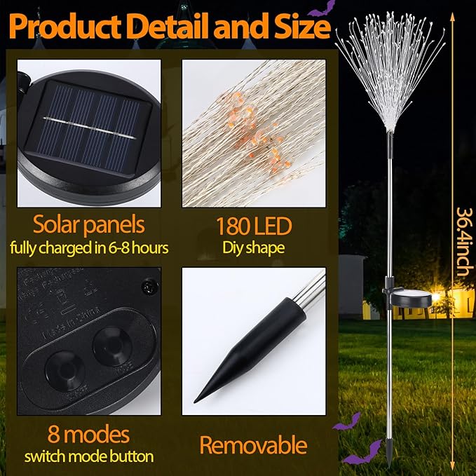 Halloween Decorations Outdoor 4 Pack Colored Solar Firework Lights with 180 LED Halloween Solar Lights 8 Modes Green Orange Purple Outside Lights for Yard Pathway Patio Garden Party Decorations