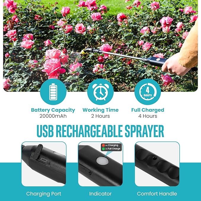Automatic Battery Powered Sprayer – 1.35 Gal Cordless Electric Sprayer with Zero Pump, Electric Water Sprayer with 3 Nozzles, USB Rechargeable Handle, & Adjustable Shoulder Strap