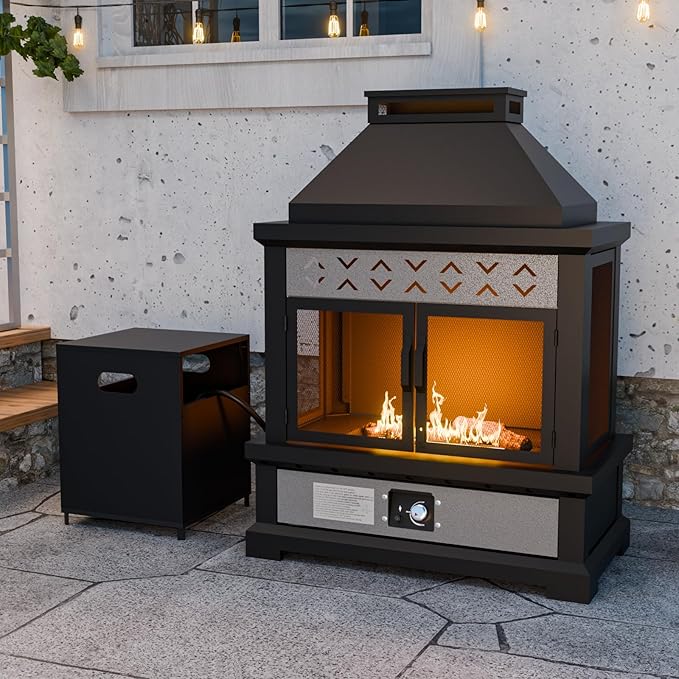 35'' Outdoor Propane Fireplace with Tank Storage & Mesh Door, CSA Certified 50,000 BTU Patio Firepit with Dust Cover for Garden, Backyard and Balcony, Black/Gray