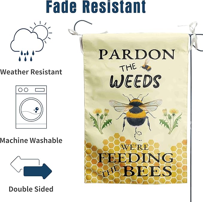 Summer Bee Garden Flag Pardon the Weeds We are Feeding the Bees Yard Sign Outdoor Decor No Mow Spring Flags for Outside 12x18 Double Sided