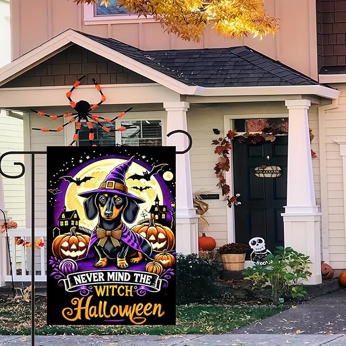 Witch Halloween Garden Flag 12 x 18 Double-Sided Witch Hat Dachshund Dog Garden Flag Fall Pumpkins Seasonal Holiday Outdoor Yard Flag Lawn Party Decorations Banner