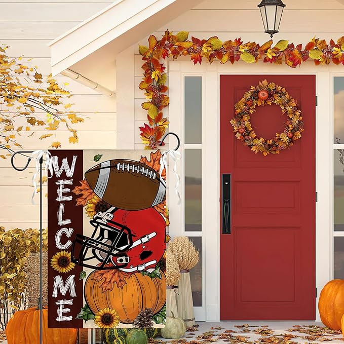 Fall Football Garden Flag Pumpkin Welcome Burlap Yard Flag Autumn Sports Game Sign House Banner Thanksgiving Seasonal Sunflower Garden Flags 12x18 In for Outdoor Lawn Farmhouse Outdoor Decor