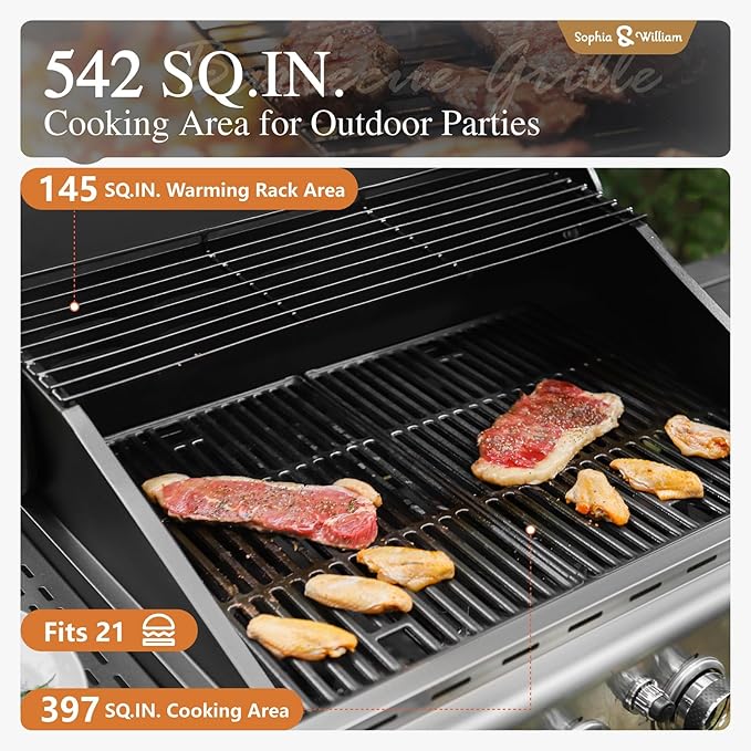 Sophia & William 4-Burner Gas BBQ Grill with Side Burner and Porcelain-Enameled Cast Iron Grates, 42,000BTU Propane Grills Outdoor Cooking Barbecue Grill Cabinet Style, Golden