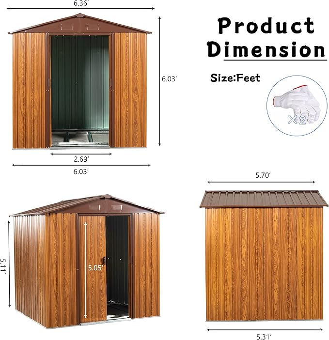 6x6 FT Outdoor Storage Shed, Metal Garden Shed with Frame Floor, Outside Tool Shed with Lockable Sliding Doors, Waterproof Storage Building with Sloped Roof for Backyard, Patio, Lawn, Coffee