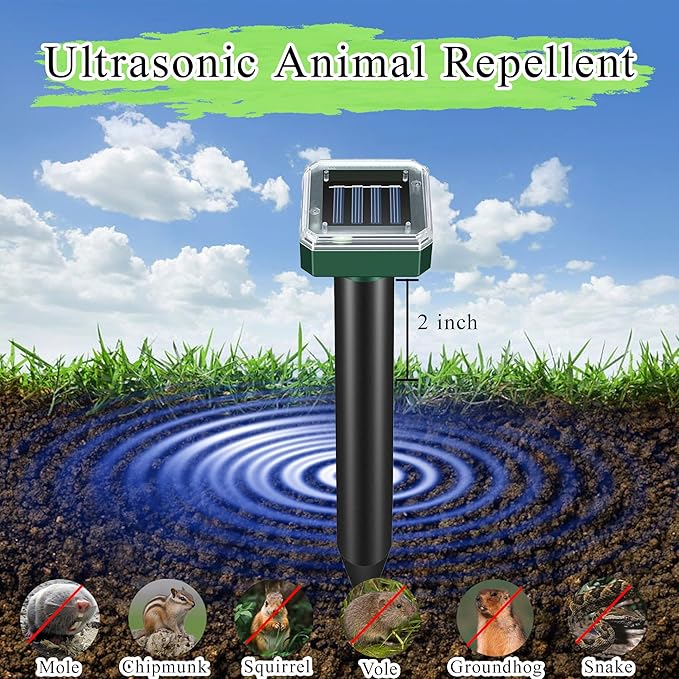 Mole Repellent Solar Powered 10 Pack Snake Repellent for Yard Outdoor, Waterproof Sonic Spikes Stakes for Lawns, Get Rid of Groundhog Chipmunk Chaser Vole Repellent, Effective for Lawns, Garden, Farm