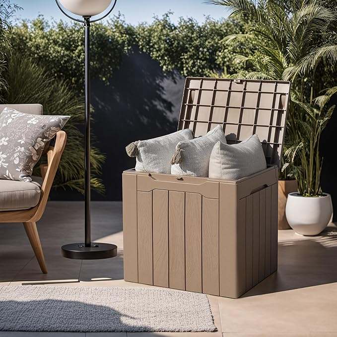 Devoko 31 Gallon Waterproof Outdoor Storage Box Resin Deck Box Lockable and UV Resistant for Patio Furniture,Garden Tools (Light Brown)