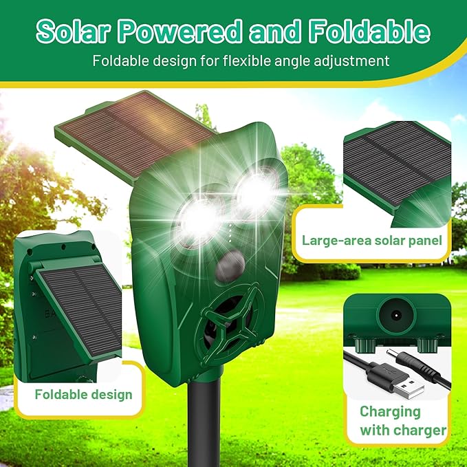 Solar-Powered Ultrasonic Animal Repellent with Motion Sensor, Waterproof Deer Repellent Device with LED Flashing Lights, Perfect for Outdoor Yards, Effective to Repel Deer, Coyotes, Raccoons, and Cats
