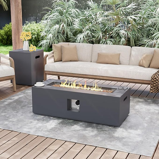 UPHA 42-inch Outdoor Propane Gas Fire Pit Table 50000 BTU Iron Rectangle Firepit for Outside Patio with Tank Hidden Table, Removable Lid, Gold Glass Rocks, Rain Cover, Dark Grey