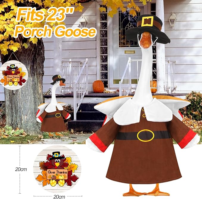 Porch Goose Outfits Pilgrim with Accessories Yard Garden Lawn Goose Clothes for Plastic Cement Goose Statue 23" H Large Fall Autumn Thanksgiving Porch Goose Costume Set for Patio Outdoor Decoration