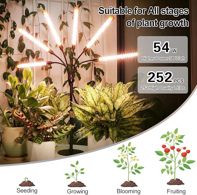 6-Head Table Top Grow Lights for Indoor Plants, Seed Starting, Bonsai with Timer, 54W Power Home Plug, FECiDA 2025 Full Spectrum Plant Growing Lamps, 16"-24" Height Adjustable