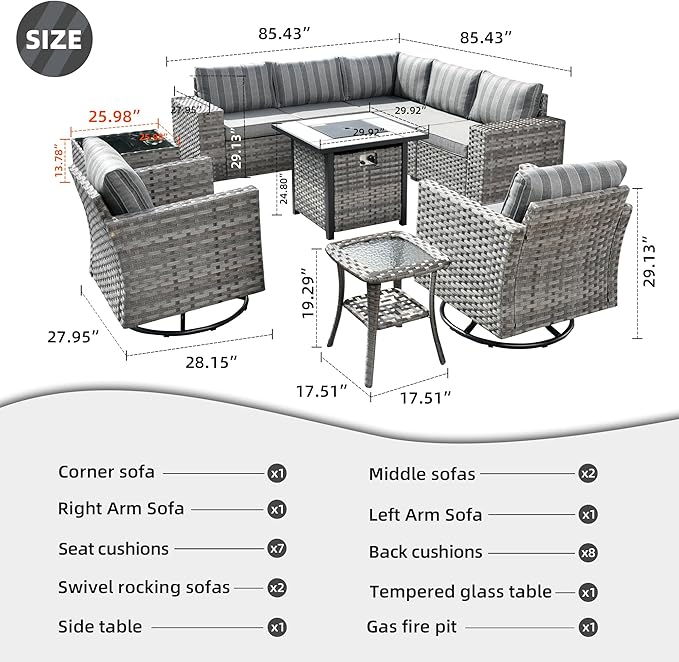 HOOOWOOO 10 Piece Modular Patio Outdoor Sectional Furniture Set with Gas Propane Fire Pit Table,Wicker Conversation Sofa Set with Swivel Chairs,Outside Couch Set(Grey Stripes)