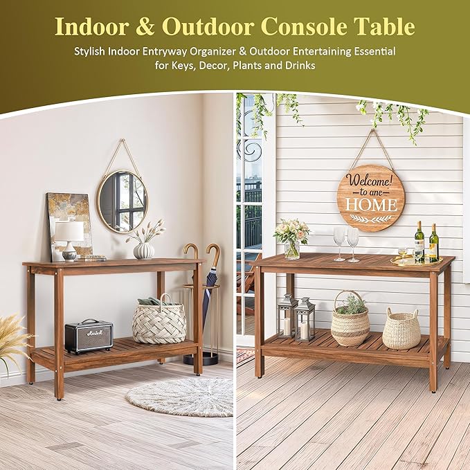 SUPER DEAL Patio Console Table, Outdoor Solid Wood Side Table Multifunctional Buffet Bar Storage Organizer with Foot Sliders, 48in 2-Shelf, Natural