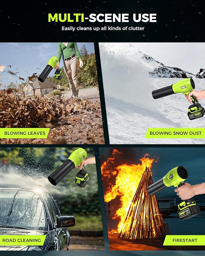 Leaf Blower Cordless with Battery and Charger, 800,000 RPM, Extended Nozzle, Lightweight Handheld Design,Blower for Patio Cleaning,car Blowing Water, Blowing Leaves and Dust（Bright Green）