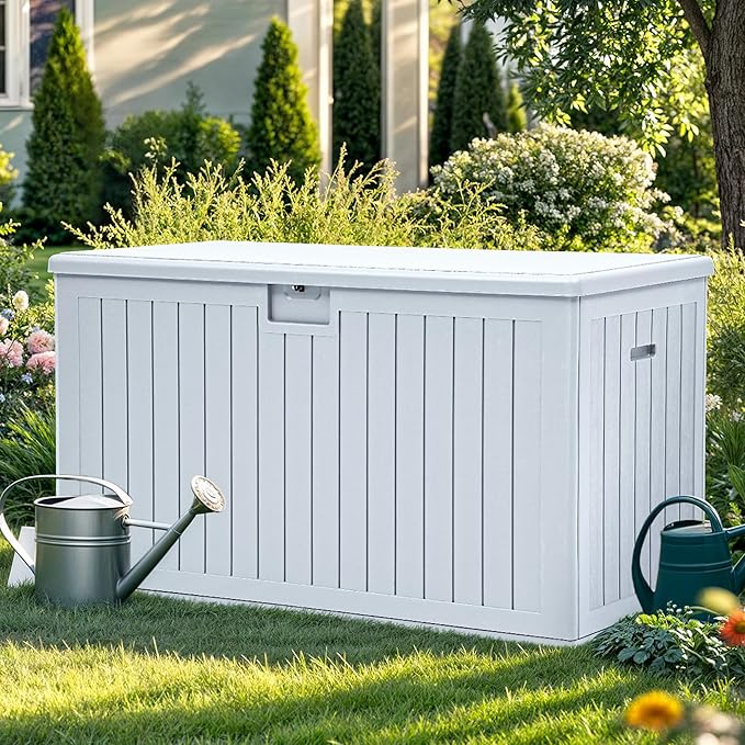 YITAHOME 200 Gallon Extra Large Deck Box, Double-Wall Resin Outdoor Storage Box with Flexible Divider for Patio Cushions Pool Supplies Garden Tools, 990 lbs Load Capacity, Lockable (White)