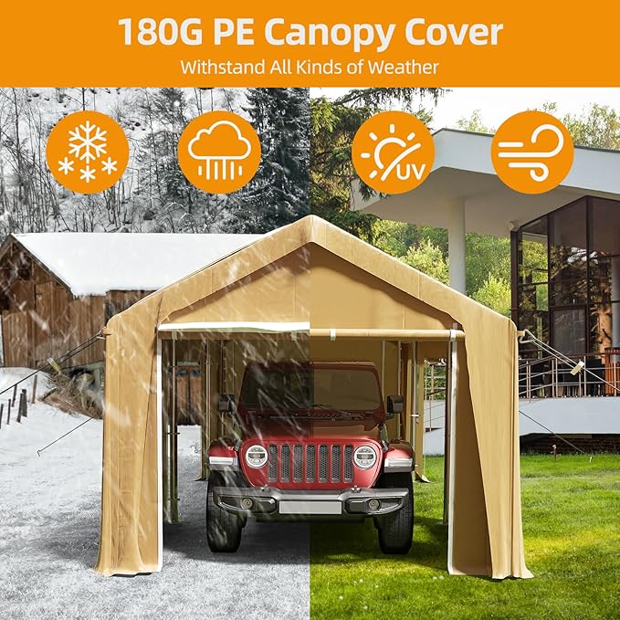 GAOMON 10x20 Ft Carport Heavy Duty Canopy, Portable Garage with Removable Sidewalls Doors & Windows, All Season Waterproof Tarp Outdoor Storaeg Shed for Car Truck Boat Party, Khaki