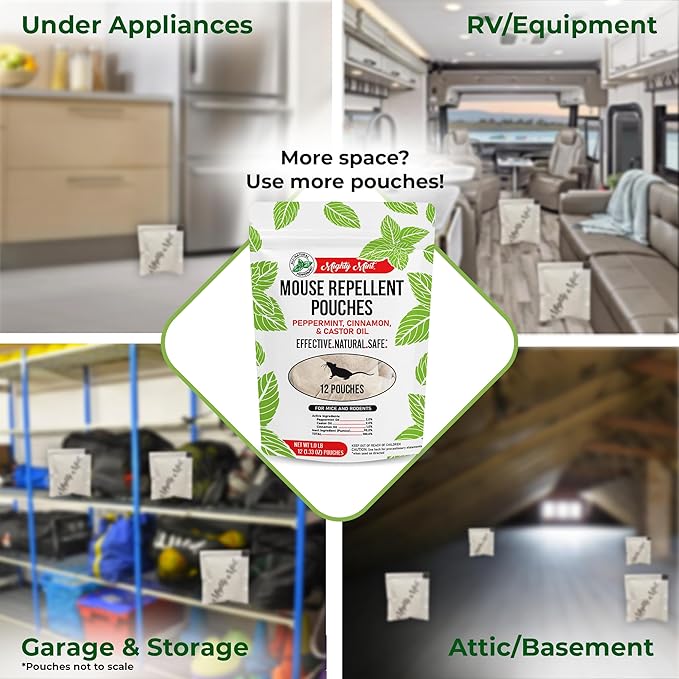 Mighty Mint Mouse Repellent Pouches – Peppermint, Castor Oil & Cinnamon Formula – Natural Indoor Deterrent for Mice and Rodents – Plant-Based, Long-Lasting Protection – 12 Count (Pack of 2)