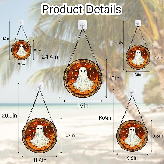 Stained Glass Window Hanging - Halloween Decorations White Ghost Suncatcher for Doors Garden Indoor Spooky Funny Orange Sun Catchers Gothic Decor Horror Gifts for Women Men Friend 11.8 in