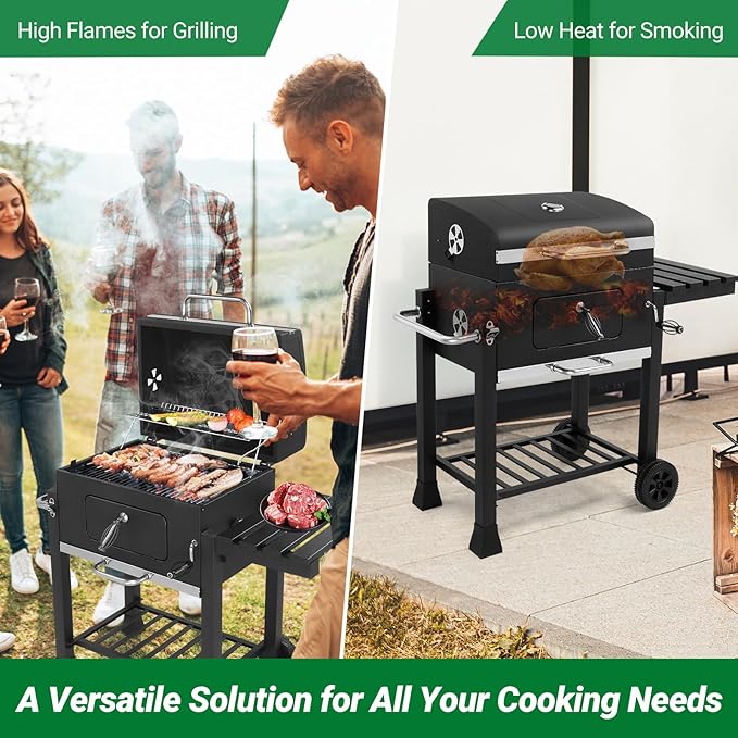 ROVSUN Charcoal Grill with Side Tables, Large Cooking Area, Individual Lifting Charcoal Trays, Pull-Out Ash Tray, BBQ Grill for Outdoor, Picnic, Backyard, Parties