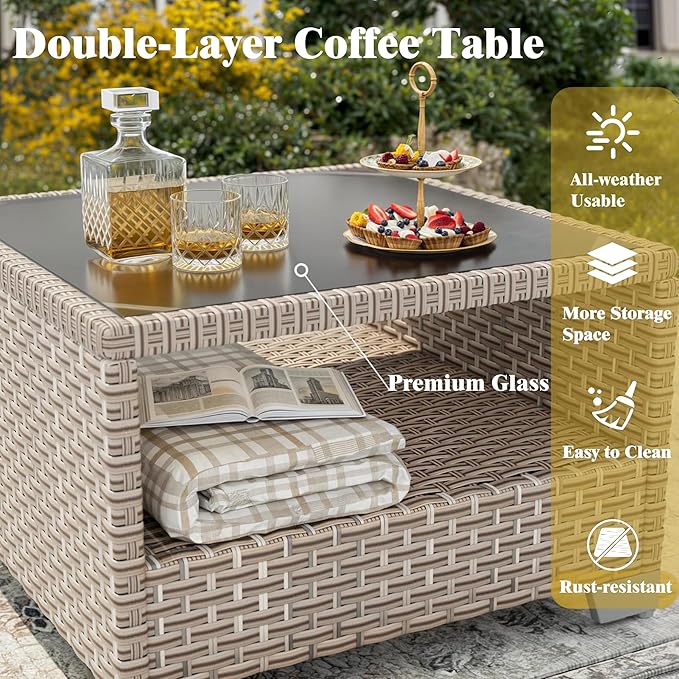 10 Pieces Patio Furniture Set, Outdoor Sectional Wicker Sofa with Thick Cushions and Storage Coffee Table, Rattan Patio Conversation Sets for Deck Yard Poolside, Grey