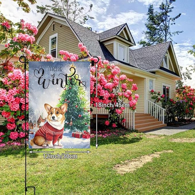 Hello Winter Merry Christmas Cute Pine Snow Garden Flag Welcome Party Outdoor Outside Decorations Picks Home House Garden Yard Decor 12x18 Inch
