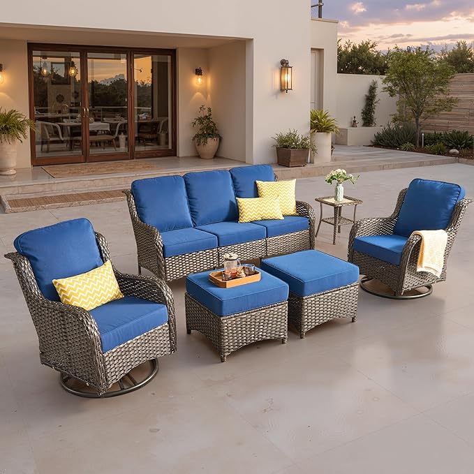 ovios 6 Pieces Patio Furniture Set, Outdoor Wicker Sofa Couch with Swivel Chairs Ottomans Comfy Cushions, All Weather High Back Modern Conversation Sets, Brown Rattan, Navy Blue