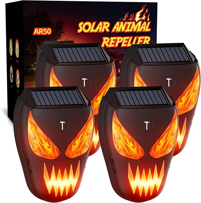 2 Pack Solar Nocturnal Animal Repeller with LED Flashing Lights, Effective Repels Deer, Coyote, Raccoon, Skunk, Fox & Hawk, Flame Predator Light for Chicken Coop, Farm, Yard & Garden