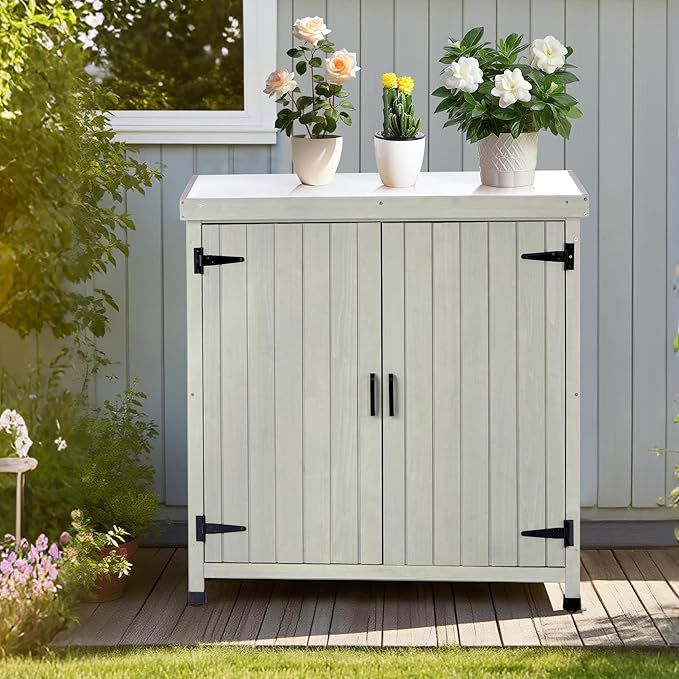 Outdoor Potting Bench with Storage, Small Outdoor Cabinet & Deck Storage Cabinet with Metal Tabletop & Large Garden Storage