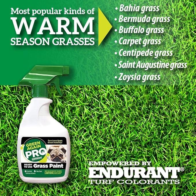 Pre-Mixed Grass and Turf Paint - All Natural Pet-Friendly Lawn Colorant Turns Spots Green Again with Eco-Friendly Point-and-Spray Application (16 oz) (Warm Season Grasses)
