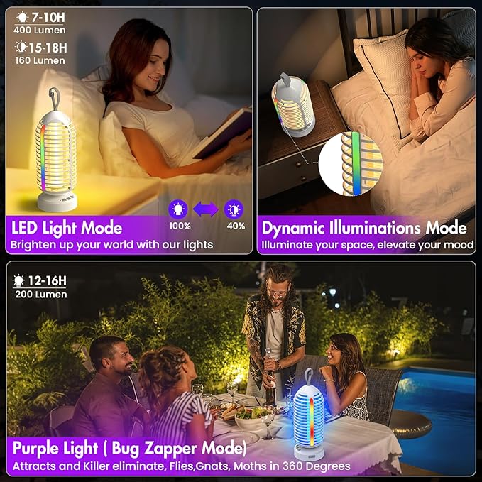 Bug Zapper Outdoor with Colorful Lighting and Auto-Sensing, 3 in 1 Cordless 4000mAh Battery Electric Fly Trap, Rechargeable Mosquito Zapper for Camping, Patios, Garden, Kitchen (2Pack-White)