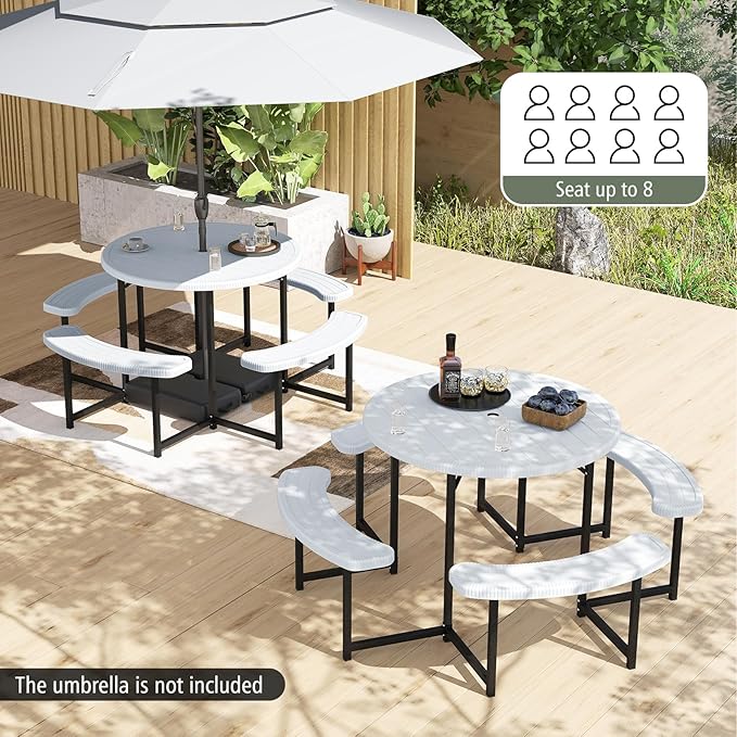 Giantex Picnic Table Bench Set for 4-8 Person, Round 37” Outdoor Dining Table w/Umbrella Hole, HDPE Tabletop, Metal Frame, Patio Furniture Set for Backyard Porch Lawn, 1400lb Capacity (White,Round)