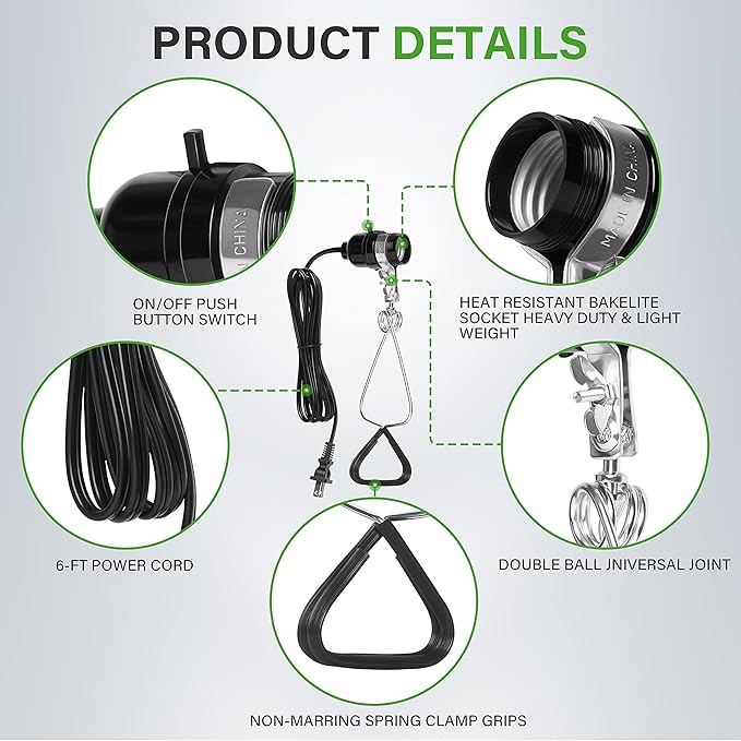 Simple Deluxe HIWKLTCLAMPSOCKETV1 1-Pack 18/2-Gauge Brooder and Heat Clamp Lamp with Bakelite Socket 150 Watt 6 Feet Cord, Black