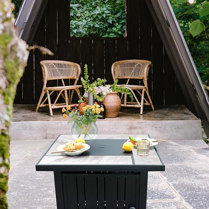 30" Propane Fire Pit with Real Ceramic Tabletop, 50000 BTU Gas Firepit Table with Lid & Glass Rock, Outdoor Fire Pit for Dining or Party, Firepit for Outside, Patio, Garden, Yard