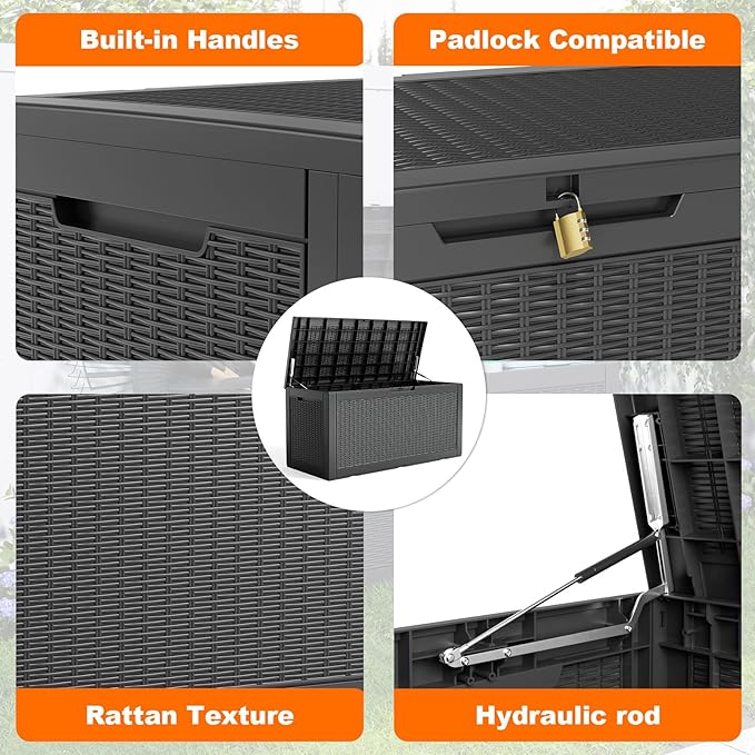 100 Gallon Resin Deck Box, Lockable Patio Outdoor Storage Box for Furniture, Garden Tools and Tools Storage, Waterproof Outside Storage Boxes - Black