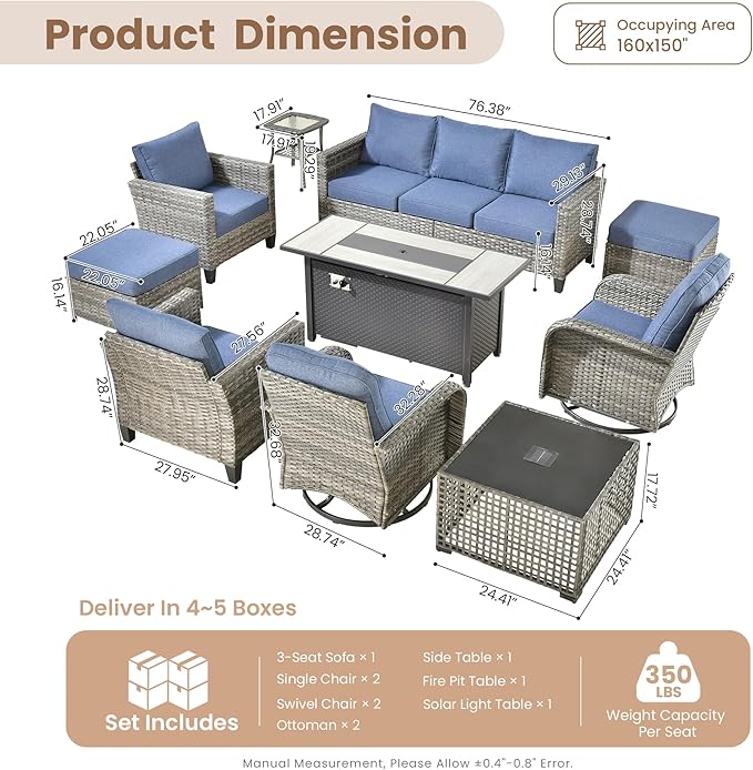 HOOOWOOO Outdoor Patio Furniture Set,10 Pieces Wicker Conversation Set,All Weather Couch Set with Fire Pit Solar Light Table Swivel Chairs Ottoman 9 Seaters for Out Door Yard(Denim Blue)