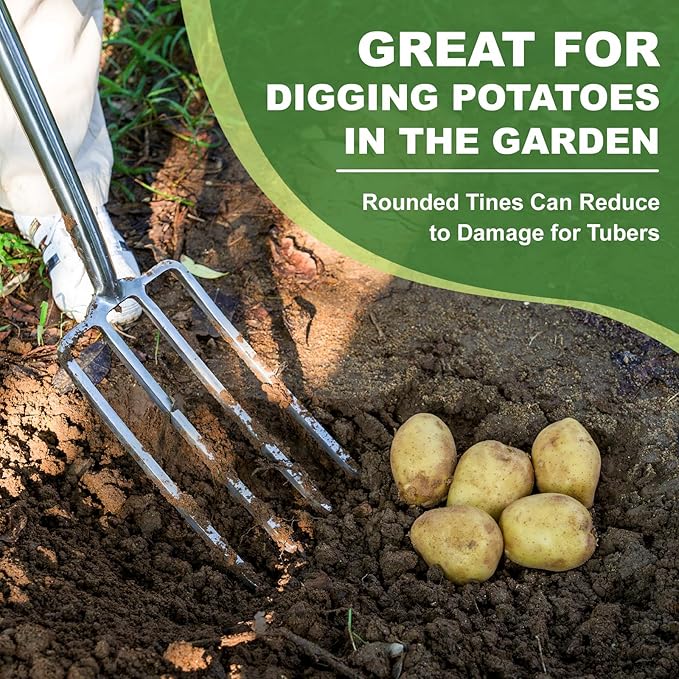 Garden Pitch Fork, 4-Tine Stainless Steel Spading Fork, 43.9'' Digging Fork with Good Leverage for Easy Digging Out Weed, Ergonomic D Handle Garden Fork for Composting, Digging Potatoes Loosening Soil