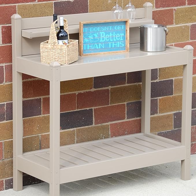 Dura-Trel Greenfield PVC Vinyl Indoor Outdoor Table Potting Bench Station with Shelf for Plant Accessories & Gardening Supplies Storage, Mocha