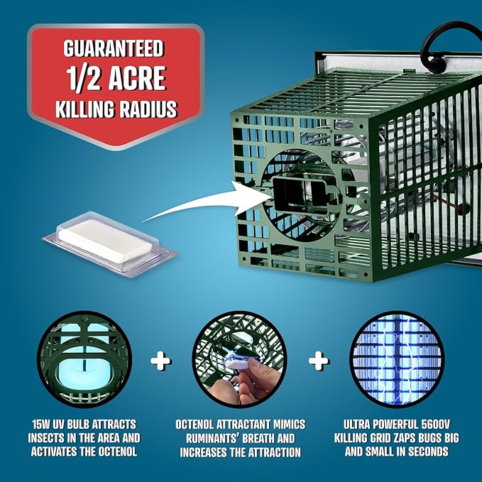 Flowtron Electric Bug Zapper 1/2 Acre Outdoor Insect Control with Dual Lure Method, 15W UV Light & Octenol Attractant for Fly & Mosquito, 5600V Kill Grid, Made in USA, UL Certified - Green Color
