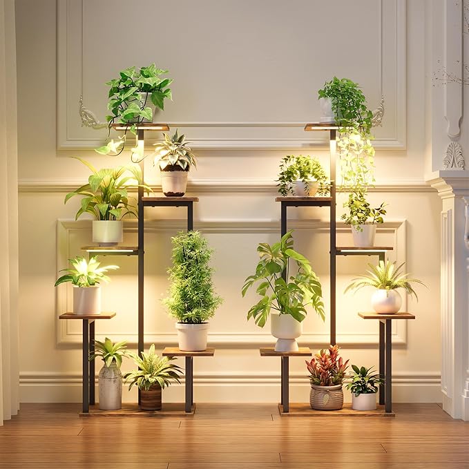Plant Stand Indoor with Grow Lights - Tiered Corner Shelf Small Metal Lighted Flower Rack Multiple