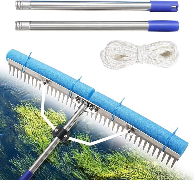 Landscape Rake, 60 Inch Adjustable Lightweight Pond Rake 36" Width Aluminum for Removing Weeds, Leaves, Beautifying Coastlines and Beaches