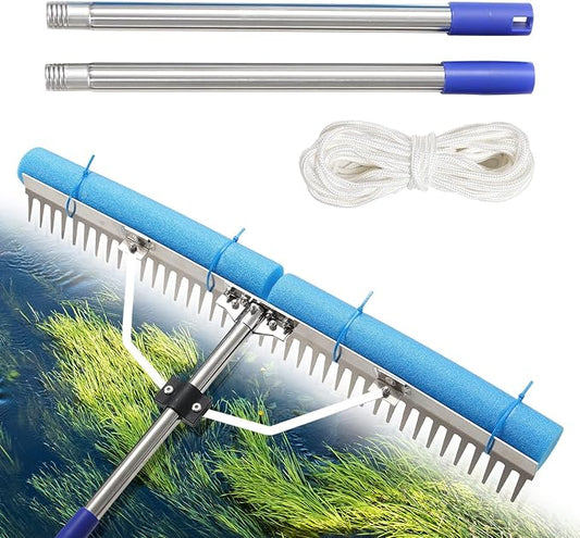 Landscape Rake, 60 Inch Adjustable Lightweight Pond Rake 36" Width Aluminum for Removing Weeds, Leaves, Beautifying Coastlines and Beaches