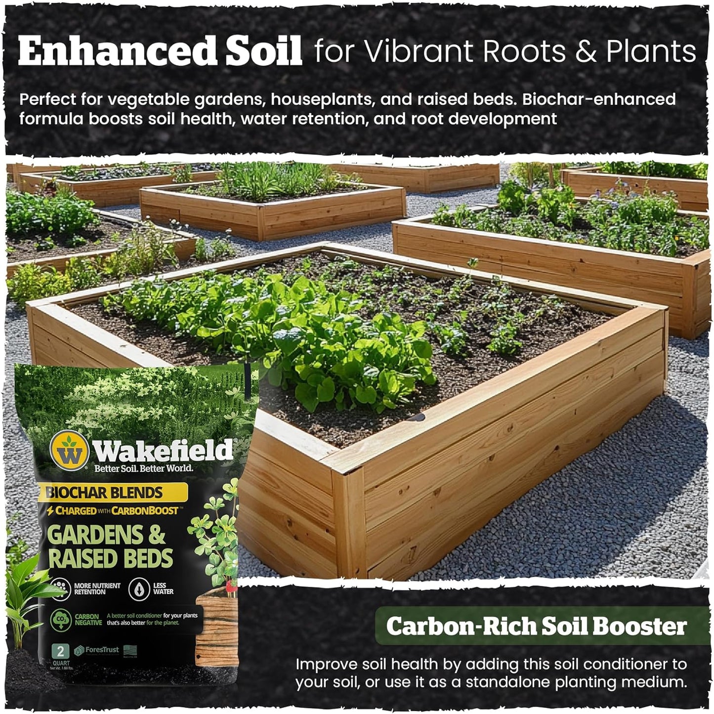 Wakefield Biochar Blend with CarbonBoost™ Technology – Enhanced Water & Nutrient Retention for Raised Bed Garden Soil - Ultimate Organic Potting Soil Mix for Vegetables, Gardens and Houseplants - 2qt