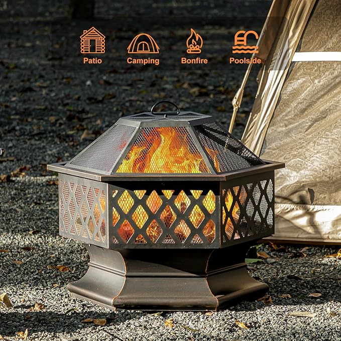 28Inch Outdoor Fire Pit, Hexagon Shaped Wood Burning Firepit for Outside Bonfire, Patio, Backyard and Camping (Antique Bronze)