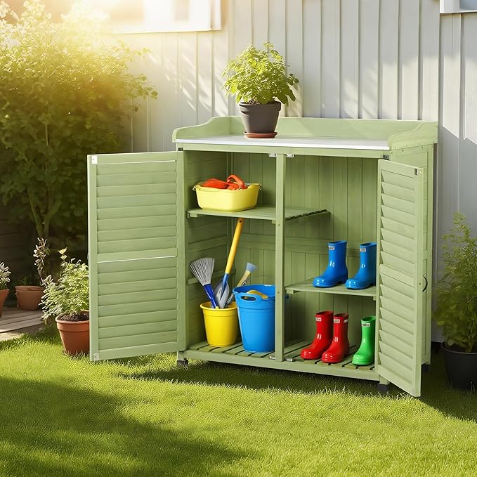 Outdoor Potting Bench with Metal Work Top,Waterproof Garden Storage Cabinet,Wooden Tool Station Shed for Backyard,Patio,Lawn Gardening